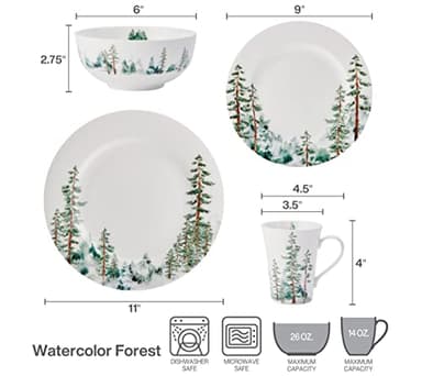 Mikasa Watercolor Forest Bone China Lightweight Chip Resistant 16 Piece Dinnerware Set, Service for 4, White - Image 8