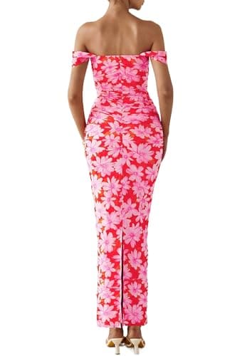 PRETTYGARDEN Maxi Dresses for Women 2025 Summer Elegant Floral Off Shoulder Ruched Mesh Cocktail Wedding Guest Dress (Pink Daisy,Small) - Image 5