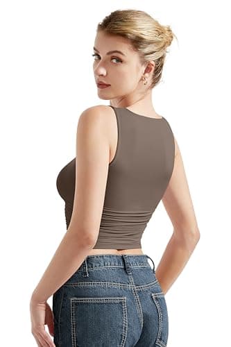 SUUKSESS Women Double Lined Sleeveless Going Out Basic Tank Tops Ruched Summer Casual T Shirts (Brown,Medium) - Image 3