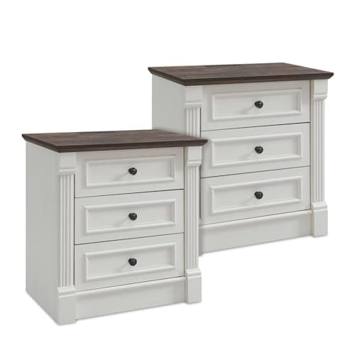 Aitjunz 26" Tall Farmhouse Nightstand Set of 2, 3 Drawers End Table w/Charging Station, 23.6" Wide Large Side Table w/Roman Column, Wood Rustic Sofa Table for Bedroom, White - Image 1