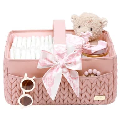 LUKJOJO Luxurious Baby Diaper Caddy, Nursery Storage Basket for Newborn Boy and Girl, Travel Baby Basket for Diapers Baby Wipes, Organizer Tote Bag Storage Bin, Baby Shower Gifts(dusty rose) - Image 1