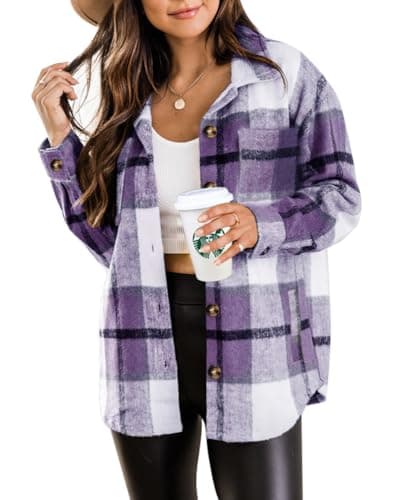 Womens Casual Plaid Brushed Flannel Button Down Pocketed Shirt Jacket Shackets Coats 6025 Purple Small - Image 1