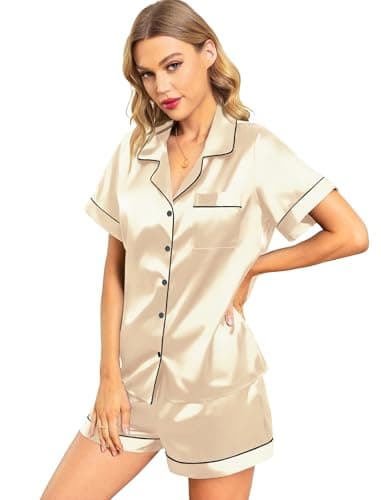 Leikar Satin Pajamas For Women Shorts Set Bride Pajamas Button Down Pjs Loungewear Set L Champagne - Image 4