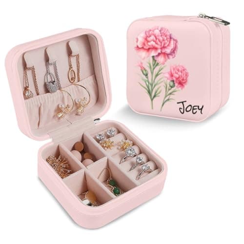 Personalized Jewelry Box With Name and Flower Custom Travel Leather Jewelry Organizer Box for Women Maid of Honor Gifts Birthday Valentine's Day Christmas Gifts for Girls Girfriend Mom - Image 1