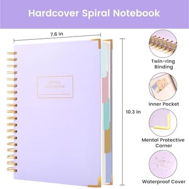 Hardcover Spiral Notebook with Tabs 8"x10" Large Spiral Lined Journals for Women with Dividers 240 Pages College Ruled Composition Notebook 5 Subject Notebook for Work, Back to School, Gifts, Purple - Image 7