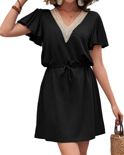 Charmo Swim Cover up for Women Ruffle Drawstring Elastic Swimwear Sundress Beach V Neck Bathing Suit Cover Up Black L - Image 1