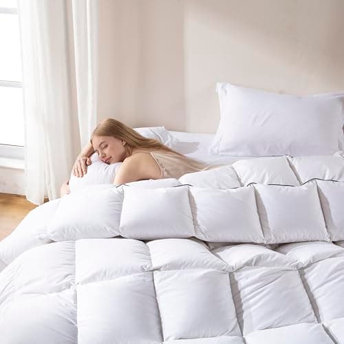 DOWNCOOL Feather Comforter King Size, White Fluffy Duvet Insert King with Ultra Soft 100% Cotton Cover, All Season Luxurious Hotel Bed Comforter with Corner Tabs, 106"x90" - Image 1