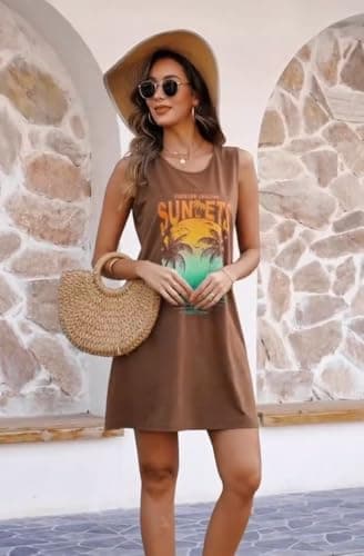 Summer Sundresses Dresses for Women 2025 Sunset Graphic Casual Beach Sun Dresses Vacation Cruise Outfits Dress Brown M - Image 3