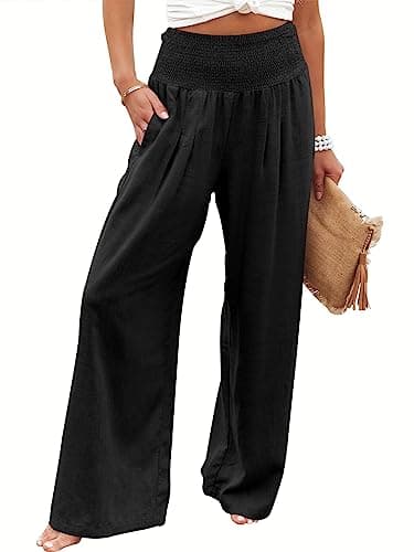 ANRABESS Women Linen Palazzo Pants Summer Boho Wide Leg High Waist Casual Lounge Pant 2024 Beach Travel Vacation Outfits Black Medium - Image 1