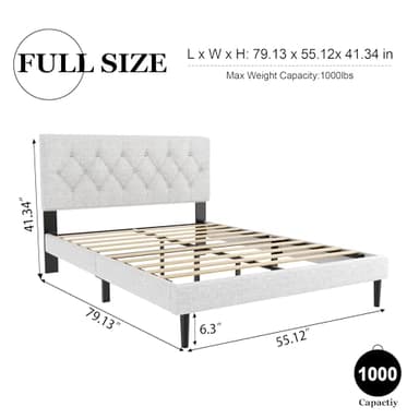 HAOARA Full Size Platform Bed Frame with Upholstered Button Tufted Headboard, Mattress Foundation with Wooden Slat Support, Noise Free, No Box Spring Needed, Easy Assembly, Light Grey - Image 2