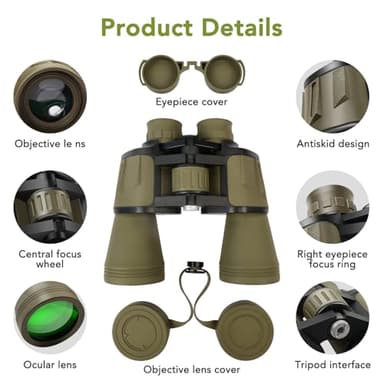 20x50 Binoculars for Adults High Powered, Military Compact HD Waterproof Binoculars with Low Light Vision for Bird Watching Travel Hunting Football Games Stargazing with Carrying Case and Strap(Mud) - Image 7