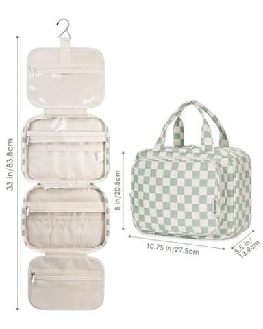 Narwey Hanging Toiletry Bag for Women Travel Checkered Makeup Bag Organizer Toiletries Bag for Travel Size Essentials Accessories Cosmetics (Mint Green Checkerboard (Medium)) - Image 7