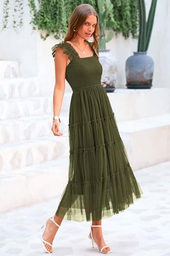 PRETTYGARDEN Women's Summer Midi Tulle Dress Sleeveless Smocked Square Neck Ruffle Flowy Party Wedding Guest Sundress (Army Green,Medium) - Image 8