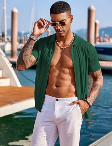 COOFANDY Men's Knit Button Down Shirts Vintage Short Sleeve Polo Shirt Fashion Casual Summer Beach Shirts Green - Image 2