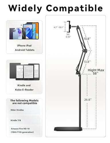 VOLTIFYMAX Floor Stand Kindle Holder with Remote Page Turner for Reading in Bed, Tablet Mount with Clicker, Kindle Accessories Tablet Stand Holder for Kindles Tablets iPhones 4.7-12.9 inch(Black) - Image 6