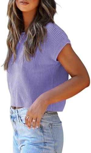 LCXWFE Womens Summer Cropped Sweater Vest Trendy Cap Sleeve Crop Tops Crew Neck Loose Knit Tank Top - Image 3