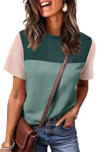 WIHOLL Ladies Tops and Blouses Color Block Ribbed Shirts Going Out Tops for Women Crewneck Womens Spring Fashion 2025 Green 2XL - Image 3