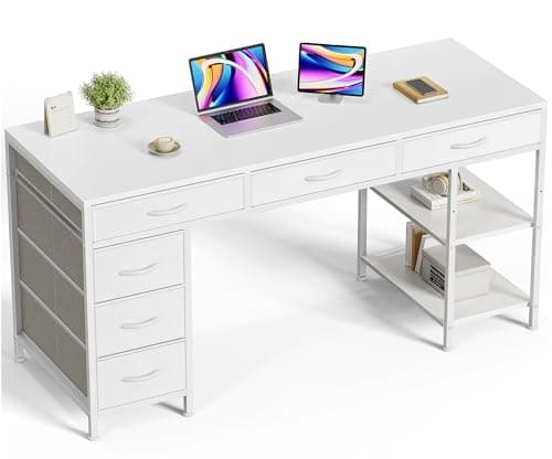 Huuger Computer Desk with 6 Drawers, 54 Inch Office Desk with Shelves, Reversible Gaming Desk, Corner Desk with Storage, Work Desk for Home Office, Study, Living Room, White - Image 1