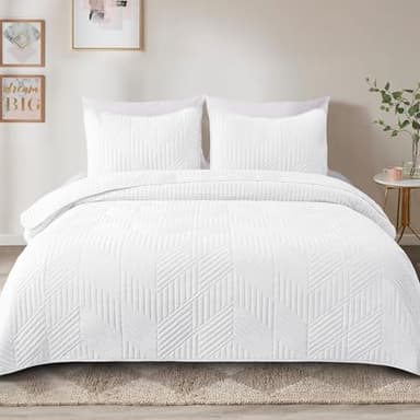 Exclusivo Mezcla Ultrasonic Full Queen Quilt Bedding Set, Lightweight White Bedspreads Soft Modern Geometric Coverlet Set for All Seasons (1 Quilt and 2 Pillow Shams) - Image 2