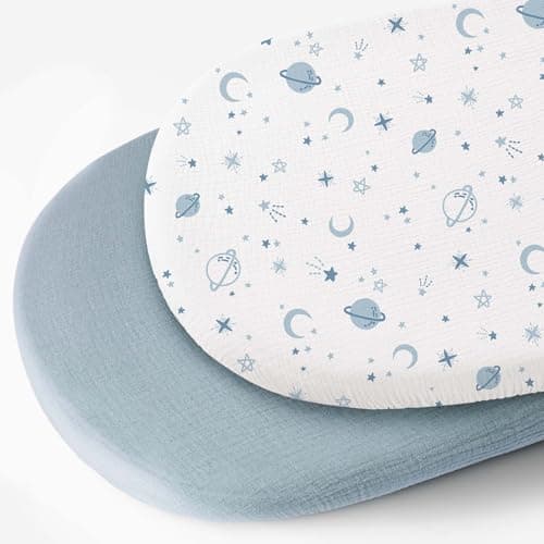 Konssy 2 Pack Muslin Bassinet Sheets for Baby Boy, 100% Cotton Soft Breathable Bassinet Mattress Sheets Fit for Hourglass Oval Cradle Rectangle Mattress (Star,Blue) - Image 1