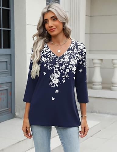 Zeagoo Womens Blouses Dressy Casual 3/4 Length Sleeve Ladies Tops Boho Floral Tshirts Soft Blouses for Women Plus Size L - Image 3