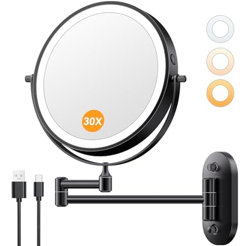 Auxmir 1X/30X Wall Mounted Makeup Mirror with Light, 8" Rechargeable Double-Sided Magnifying Mirror, Vanity Mirror Dimmable 3 Color Light, 360° Extension Rotation Foldable 14.5 Inch Arm, Black - Image 1