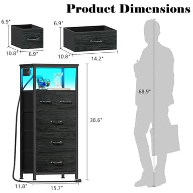 Furnulem Dresser for Bedroom, Tall Nightstand, Vertical Chest with Wood Top, Charging Station, LED Lights, 5 Fabric Bins, Bedside Table with Shelf, Furniture for Entryway (5 Drawer, Black Oak) - Image 3