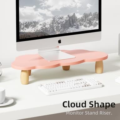 AFOOYO Monitor Stand Riser,Cloud-Shaped Sturdy Wood Computer Monitor Riser, Laptop Monitor Stand, Multi-Purpose Desktop Organizer Riser for Computer, Laptop, Printer, TV,Pink - Image 2