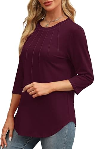 XIEERDUO 3/4 Length Sleeve Womens Tops Dressy Casual Crewneck Pleated Tunic Tops Loose Fit Burgundy M - Image 3