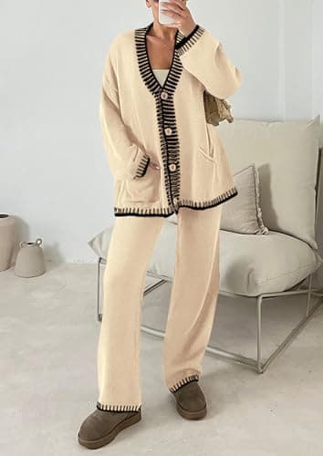PRETTYGARDEN Lounge Sets for Women Fall 2025 Loungewear 2 Piece Outfits Cardigan Sweaters Track Suit Matching Winter Clothing (Beige,Small) - Image 4