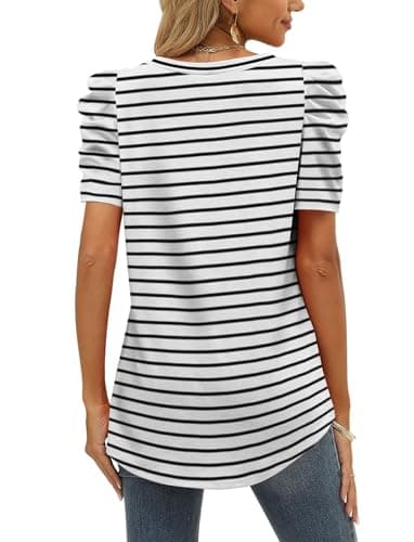 Black and White Striped Shirt Women Summer Casual Puff Sleeve Tops Curved Hem L - Image 4