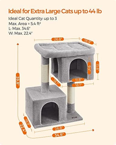 Feandrea Cat Tree, 39.8-Inch Cat Tower, XL, Cat Condo for Extra Large Cats up to 44 lb, Large Cat Perch, 2 Cat Caves, Scratching Post, Light Gray UPCT614W01 - Image 6