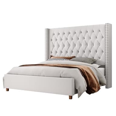 Jocisland King Size Bed Frame with 61.4" Tall Headboard, Velvet Upholstered Wingback Platform Design, Handcrafted Pleats& Deep Button Tufted, Solid Wood Legs, No Box Spring Needed, Cream - Image 9