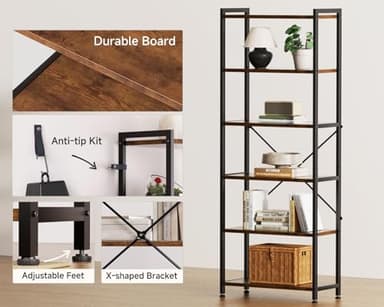Casaottima Book Shelf, 6 Tier Tall Bookshelf, Modern Wood Bookcase Shelves for Bedroom, Industrial Display Shelf for Living Room Home Office Kitchen, Standing Shelving Unit Storage Organizer, Vintage - Image 4