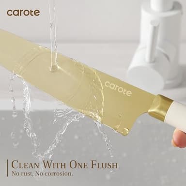 CAROTE 12PCS Kitchen Knife Set, Healthy Gold Titanium Coating Knife Set, Dishwasher Safe with 6 Blade Guards, Rustproof Stainless Steel Cutlery Set, White and Gold - Image 5