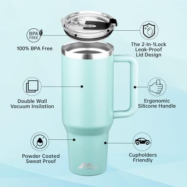 StarSpeed 40 oz Tumbler with Handle and Straw Lid | Stainless Steel Water Bottle Travel Mug Reusable Insulated Cup With Lid And Straw, Keep Cold Heat and Ice for Hours(40oz,Dew) - Image 3
