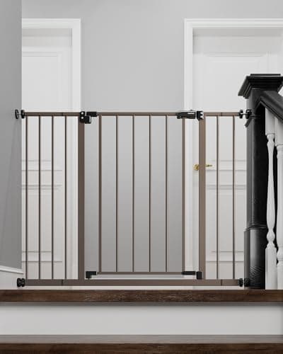 InnoTruth Baby Gate for Stairs 28.9-42.1" Wide, 30" Tall Easy Step Walk Through Expandable Dual Lock Dog Gates for The House, Metal Pressure Mounted Easy Install Pet Gate for Dogs, Brown - Image 1
