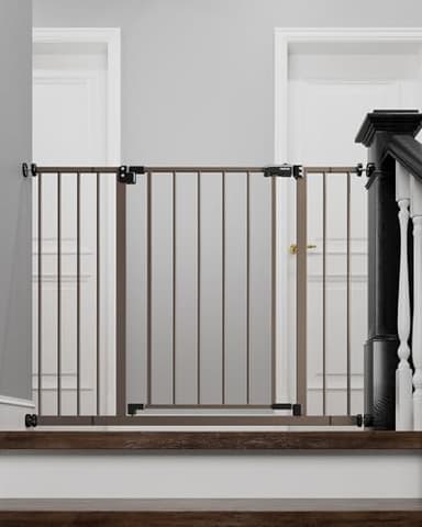 InnoTruth Baby Gate for Stairs 28.9-42.1" Wide, 30" Tall Easy Step Walk Through Expandable Dual Lock Dog Gates for The House, Metal Pressure Mounted Easy Install Pet Gate for Dogs, Brown - Image 1