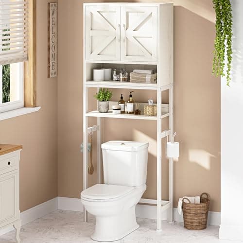 MEUIS Over The Toilet Storage Cabinet - Farmhouse Bathroom Shelves with Doors Freestanding Organizer Narrow Floor Stand Shelf Above Toilet 71" Tall, Distressed White - Image 1
