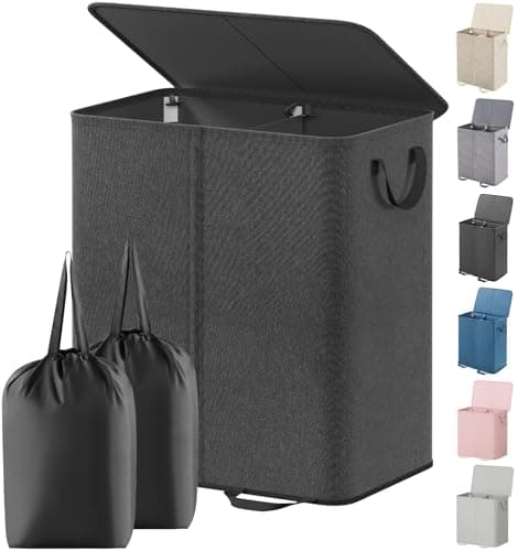 Lifewit Double Laundry Hamper with Lid and Removable Laundry Bags, Large Collapsible 2 Dividers Dirty Clothes Basket with Handles for Bedroom, Laundry Room, Closet, Bathroom, College, 136L Black - Image 1