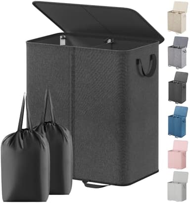 Lifewit Double Laundry Hamper with Lid and Removable Laundry Bags, Large Collapsible 2 Dividers Dirty Clothes Basket with Handles for Bedroom, Laundry Room, Closet, Bathroom, College, 136L Black - Image 1