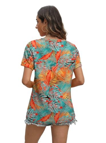 WEESO Womens Tropical Shirts 2025 Casual T Shirts Cute Floral Short Sleeve Dressy V Neck Beach Vacation Essentials T Shirts Tropical Travel Vacation Outfits for Women M - Image 4