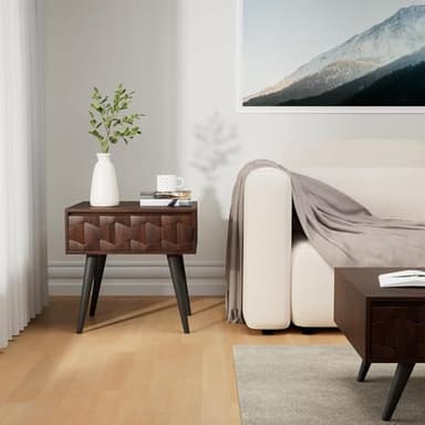 Bme Georgina Solid Wood Nightstands with Drawers - Fully Assembled Rustic Geometric Pattern Bedside Cabinet - Mid Century Modern Side Table for Living Room, Bedroom - Image 8