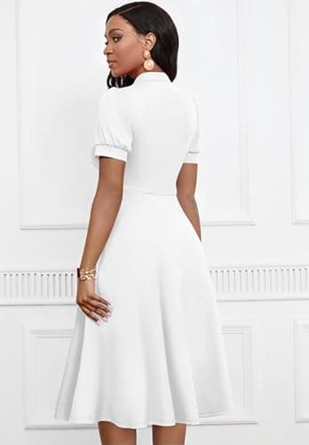 MarryUP White Dress Women Vintage Puff Sleeve V Neck Casual Semi-Formal Cocktail Party A-Line Swing Church Dress White 2XL - Image 4