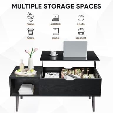 Sweetcrispy Lift Top Coffee Tables for Living Room, Small Rising Wooden Dining Center Tables with Storage Shelf and Hidden Compartment, Classic Black - Image 6