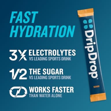 DripDrop Hydration Packets - Tropical Variety Pack - Single Serve Electrolytes Powder Drink Mix - Mango, Açaí, Passion Fruit, Piña Colada - Non-GMO, Gluten Free, Vegan - 32 Sticks - Image 2