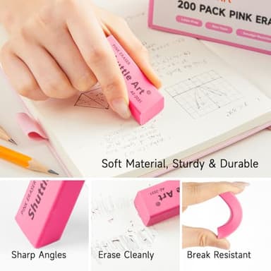 Shuttle Art Pink Erasers, 200 Pack Bulk for School, Office, Latex-Free Soft Erasers for Kids, Teachers as School Supplies - Image 2