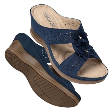 TEMOFON Womens Wedge Sandals Leather: Low Heels Platform Women Summer Wedge Sandals Navy Dressy Slip on Casual Comfortable Walking Size 10 - Image 1