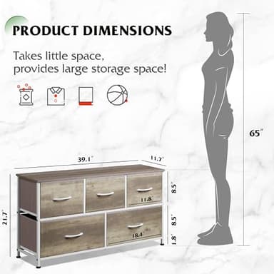 WLIVE Dresser for Bedroom with 5 Drawers, Wide Chest of Drawers, Fabric Dresser, Storage Organizer Unit with Fabric Bins for Closet, Living Room, Hallway, Greige Oak - Image 3