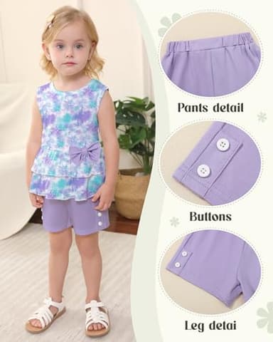 YUEMION Toddler Girl Clothes, 2Pcs Baby Girl Summer Outfits Sleeveless Bow Knot Tank Shirts Tops + Shorts Clothing Sets(Tie-dye pattern + Light purple, 2-3T) - Image 5